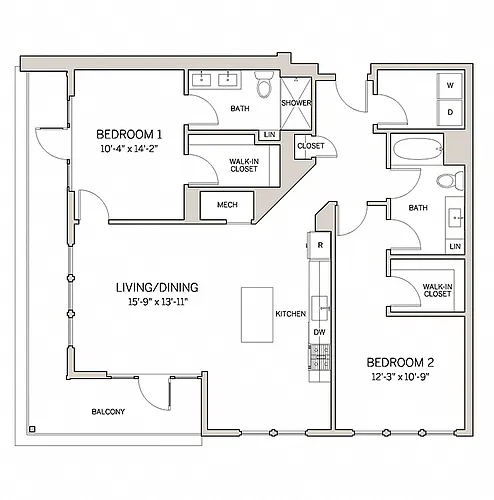 Floor plan Two Bed Two Bath B16a