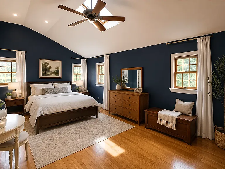 Master bedroom with raised ceilings & skylight