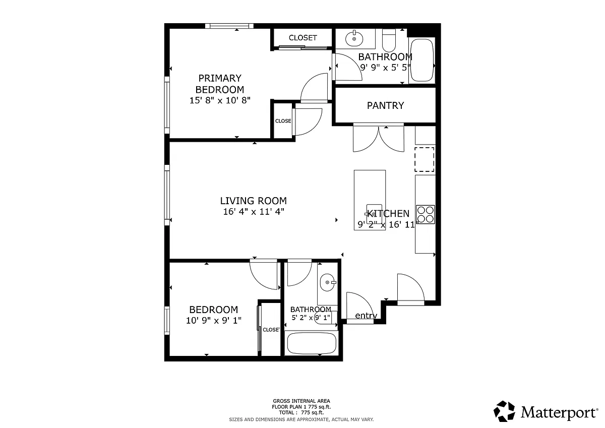Floor plan Two Bedroom with Kitchen Island and Balcony