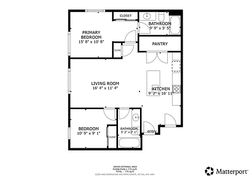 Floor plan Two Bedroom with Kitchen Island and Balcony