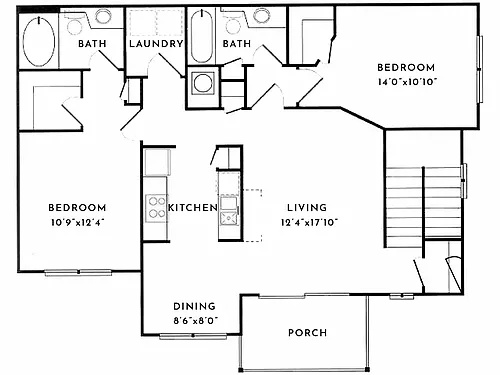 Floor plan 2BR 2BA (1250sf)