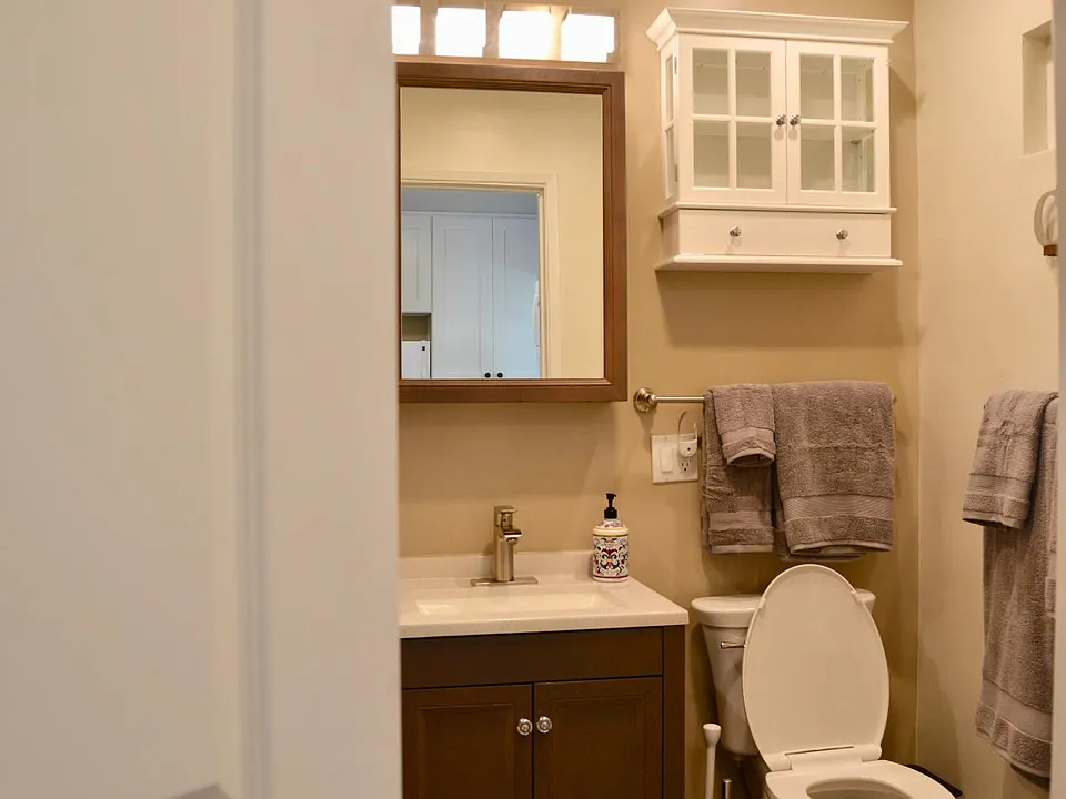 Lots of storage in this bathroom.