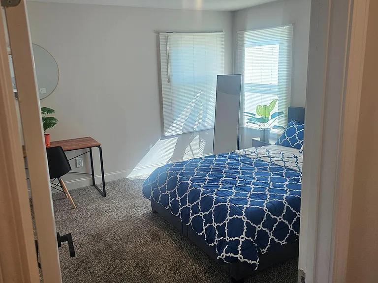 Furnished bedroom with a full bed, dedicated desk workspace, and two windows with blinds for natural light.