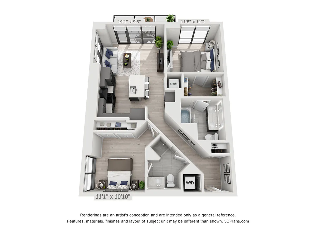 Floor plan Two Bedroom Two Bath Penthouse (1,044 SF)