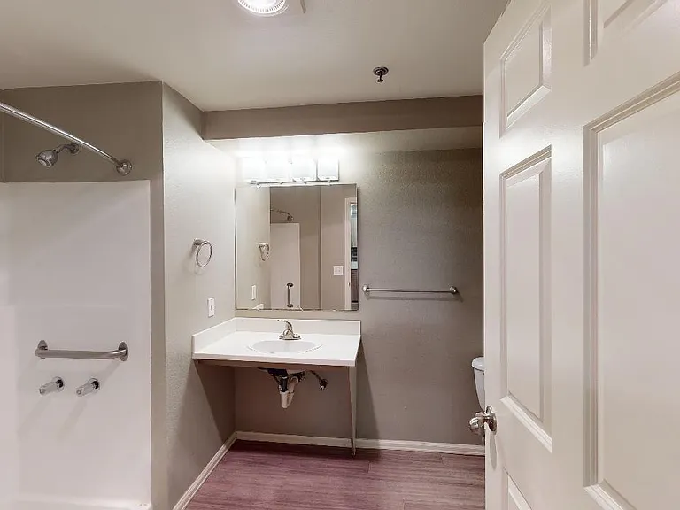 Apartment bathroom with wood-style flooring.