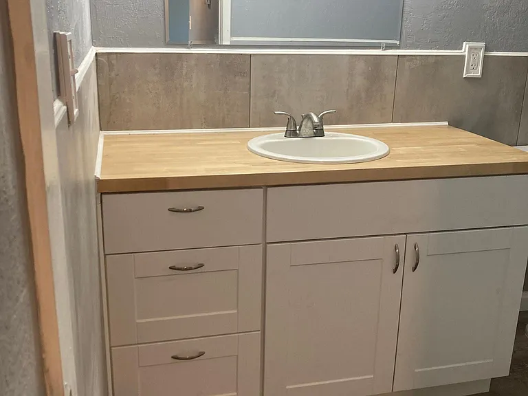 New butcher block/tile bathroom