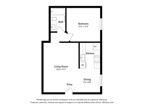 Floor plan 1 Bed, 1 Bath - 1120 Thompson