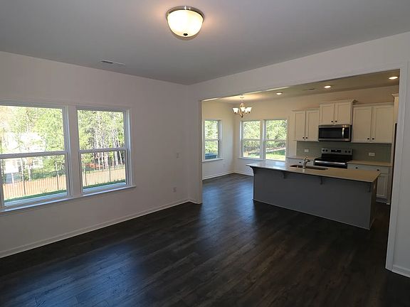 Living room and kitchen. Blinds are installed.