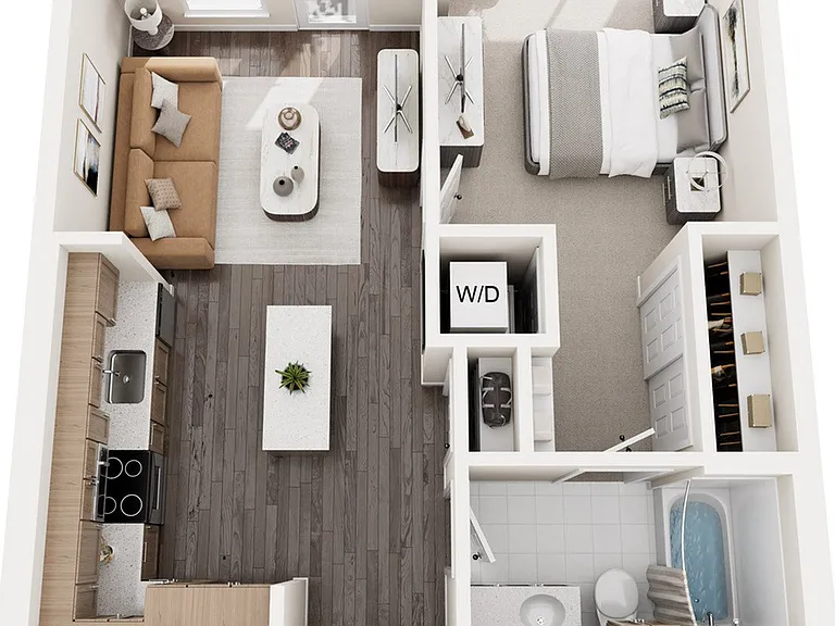 Discover elegance in this open-concept, one-bedroom retreat with a sleek kitchen. Discover elegance in this open-concept, one-bedroom retreat with a sleek kitchen.