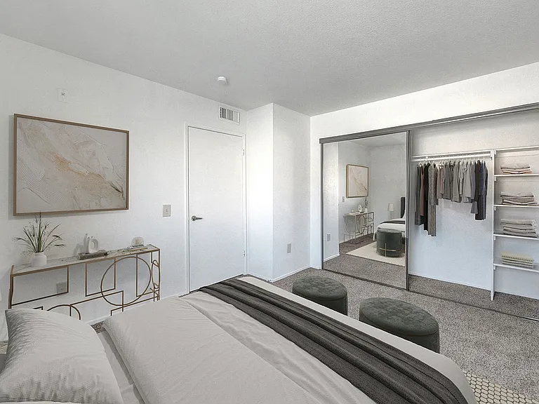 Experience the elegance and calm of this beautifully designed bedroom with ample storage.