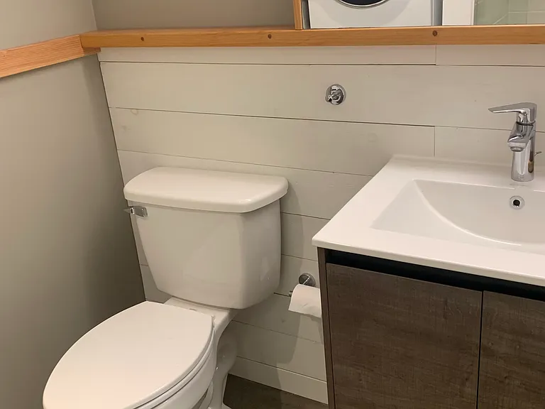 Bathroom with vanity, toilet, shower and laundry.