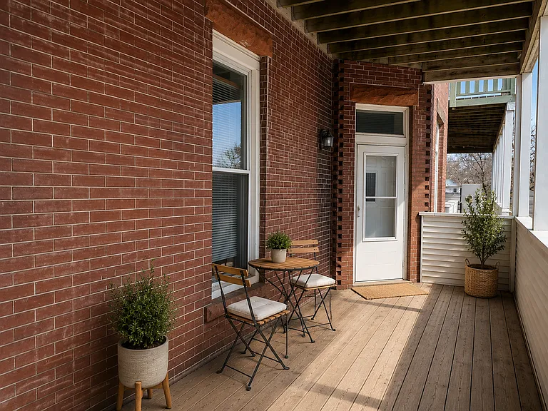 Deck and Exterior Entrance. Virtually Staged Photo