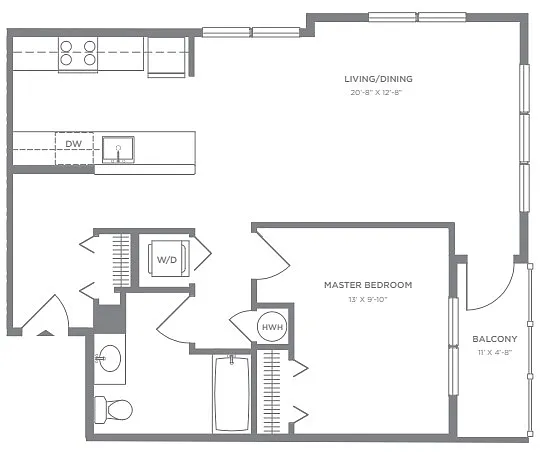 Floor plan P2 1BR 1BA (788 SF)