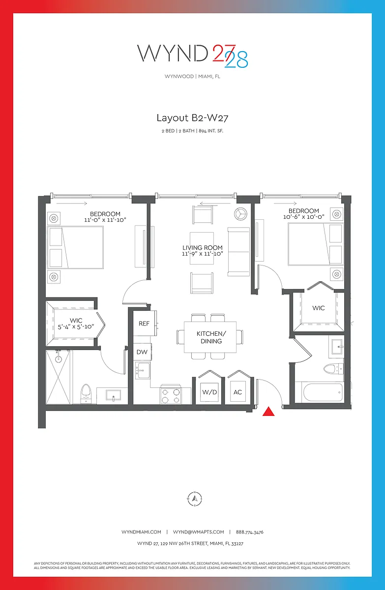 Floor plan W27 - 2BR 2BA (894 SF)
