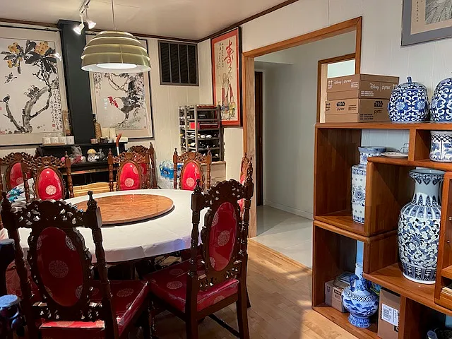 Dining room. The house will be rented with as much of its existing furniture as the tenants want.