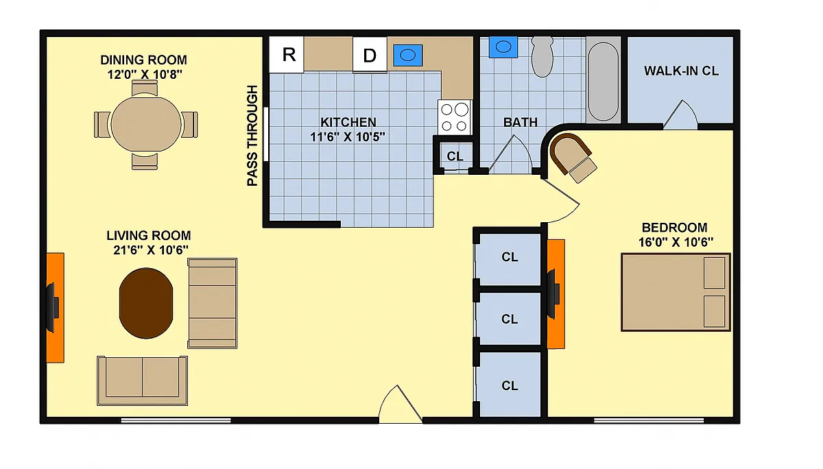 Floor plan One Bedroom (Downstairs)