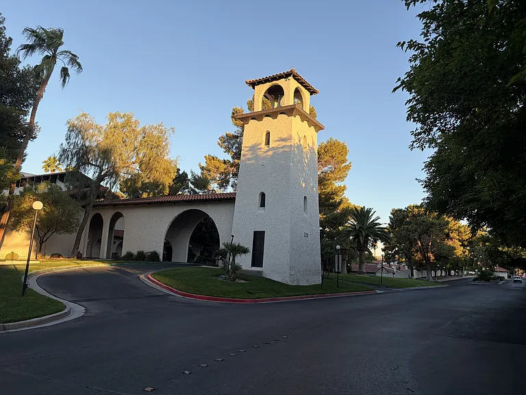 Close up view of the community clubhouse tower