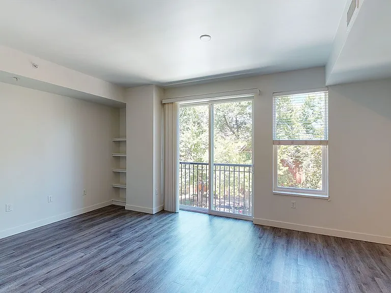 Apartment living room with wood-style flooring.