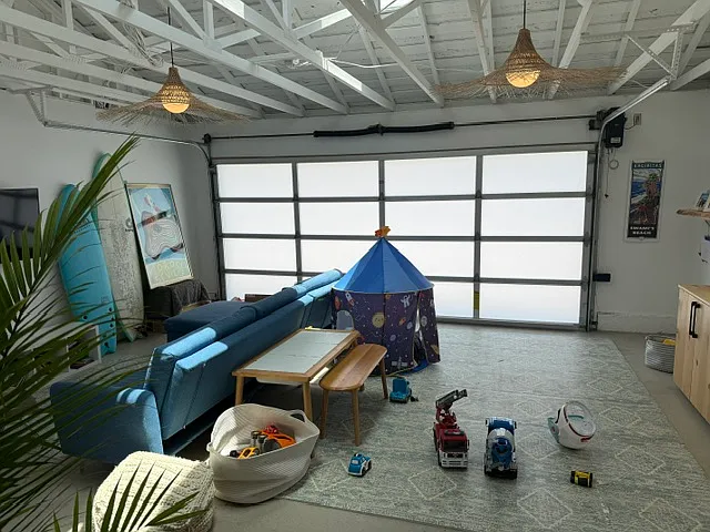 Garage converted to playroom/tv room/office