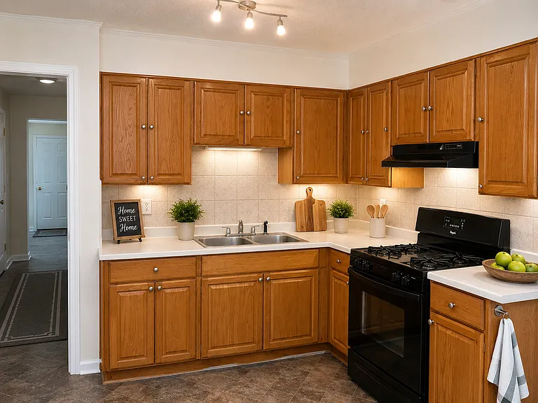 Kitchen w/ updated countertops and under cabinet lighting (AI decorative items not included)