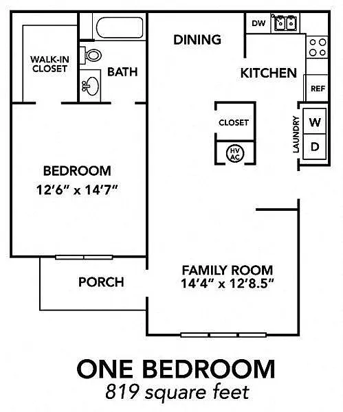Floor plan 1BR 1BA (819 SF)