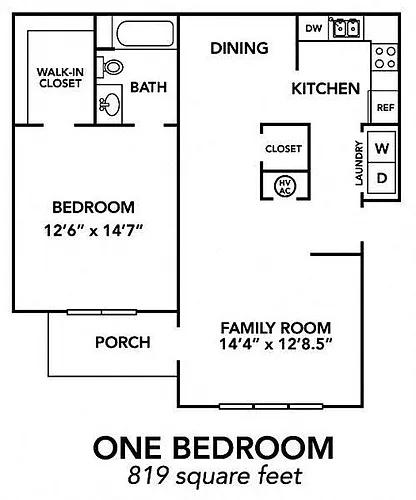 Floor plan 1BR 1BA (819 SF)
