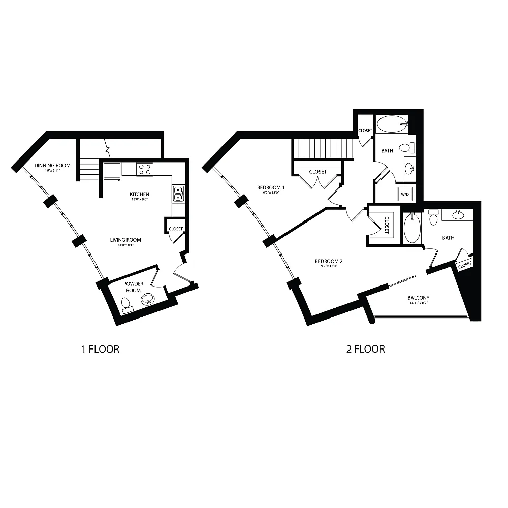 Floor plan 2BR/2BA Townhouse 1137 SF TB2A