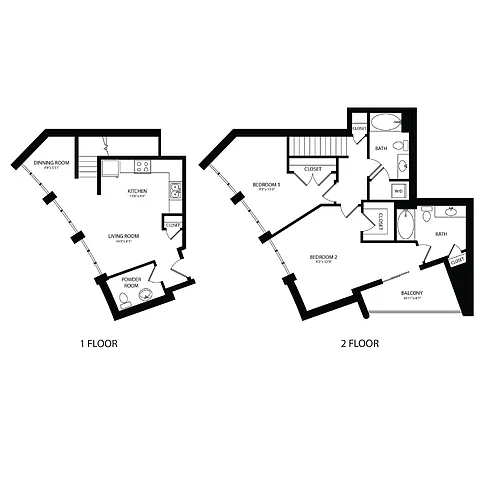 Floor plan 2BR/2BA Townhouse 1137 SF TB2A