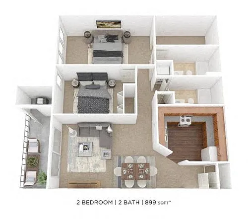 Floor plan Two Bedroom 2 Bath - 899 sqft