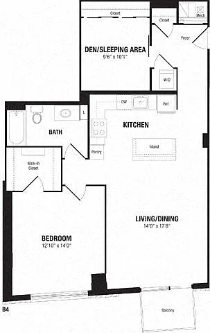 Floor plan 1 Bedroom+ Den, 1 Bath 980 SF B4