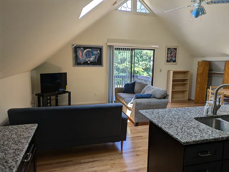 Kitchen area looking out to living area -- couches, TV, deck, dinette area