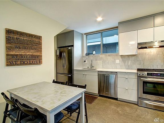 Kitchen with radiant heat flooring.