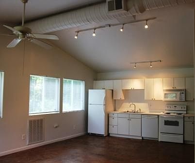 living/kitchen with vaulted ceilings