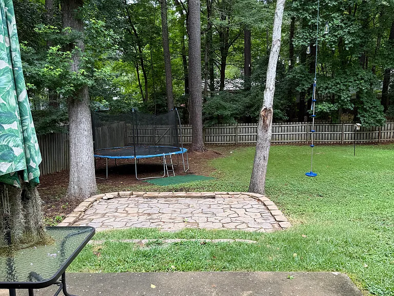 Large, fully fenced-in back yard w/small brick fire pit backing up to green space.