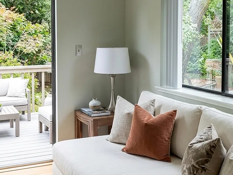 Living room, glass slider opens to deck.