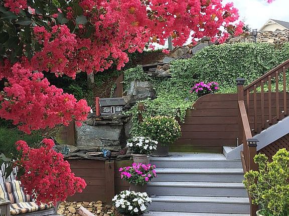 Fire pit and waterfall.