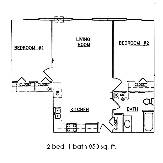 Floor plan 2 Bed 1 Bath | 850 sqft