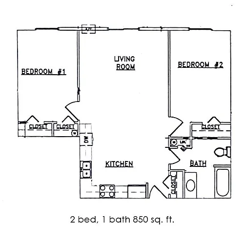 Floor plan 2 Bed 1 Bath | 850 sqft
