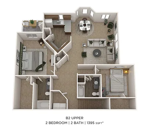 Floor plan Two Bedroom 2 Bath- Upper level 1395sqft