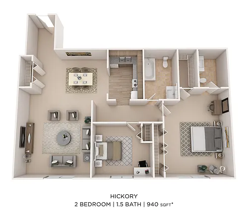 Floor plan 2 Bed 1.5 Bath 940 - Hickory