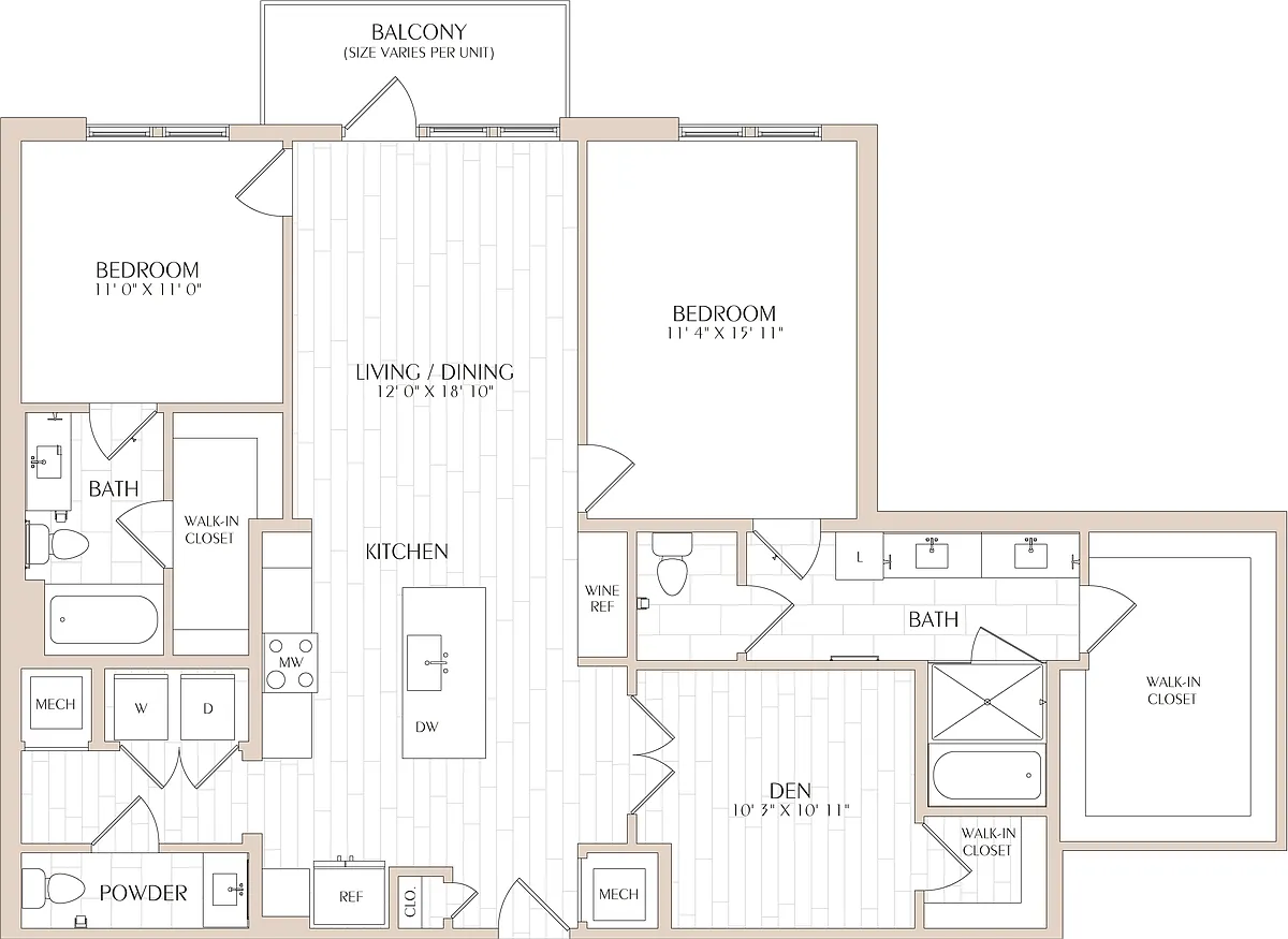 Floor plan 2 Bed/2.5 Bath Den-B01