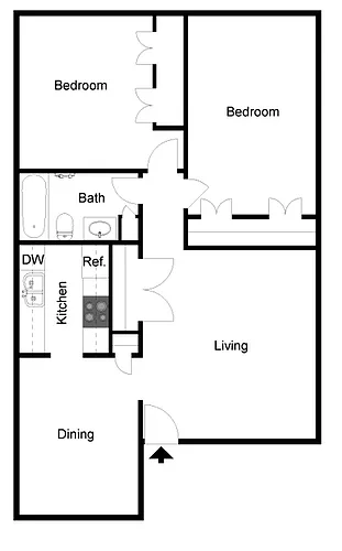 Floor plan 2 Bedroom 1 Bath-B1C