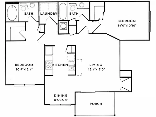 Floor plan 2BR 2BA (1150sf)