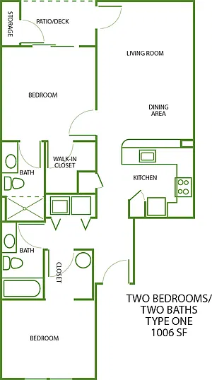 Floor plan 2x2 Bluff - 1006 SF