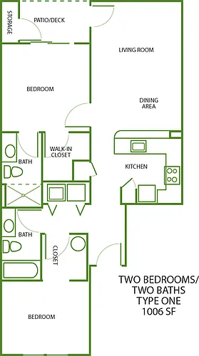 Floor plan 2x2 Bluff - 1006 SF