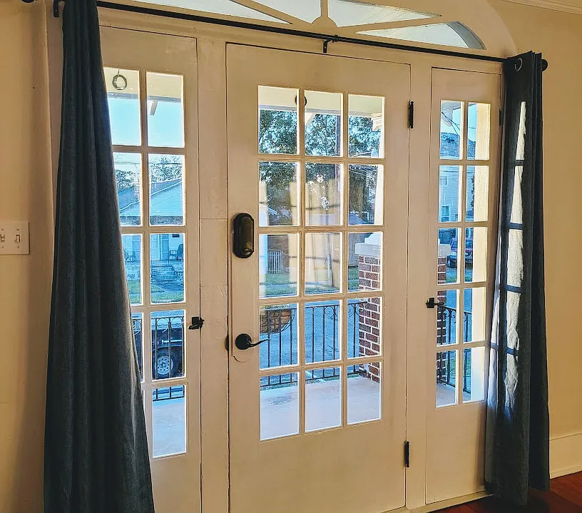 Interior view of front door and operational sidelights.
