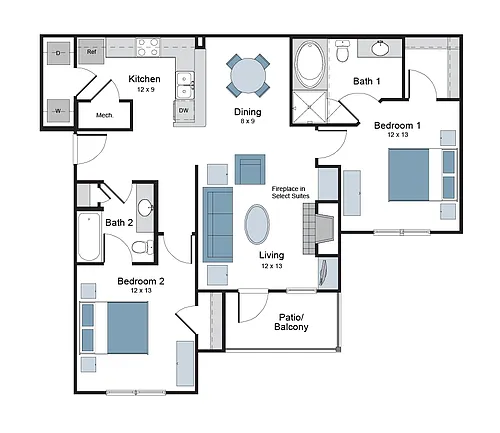 Floor plan 2BR 2BA (1058 SF)