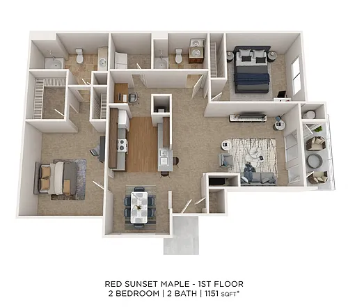 Floor plan Two Bedroom 2 Bath - 1,151 sqft