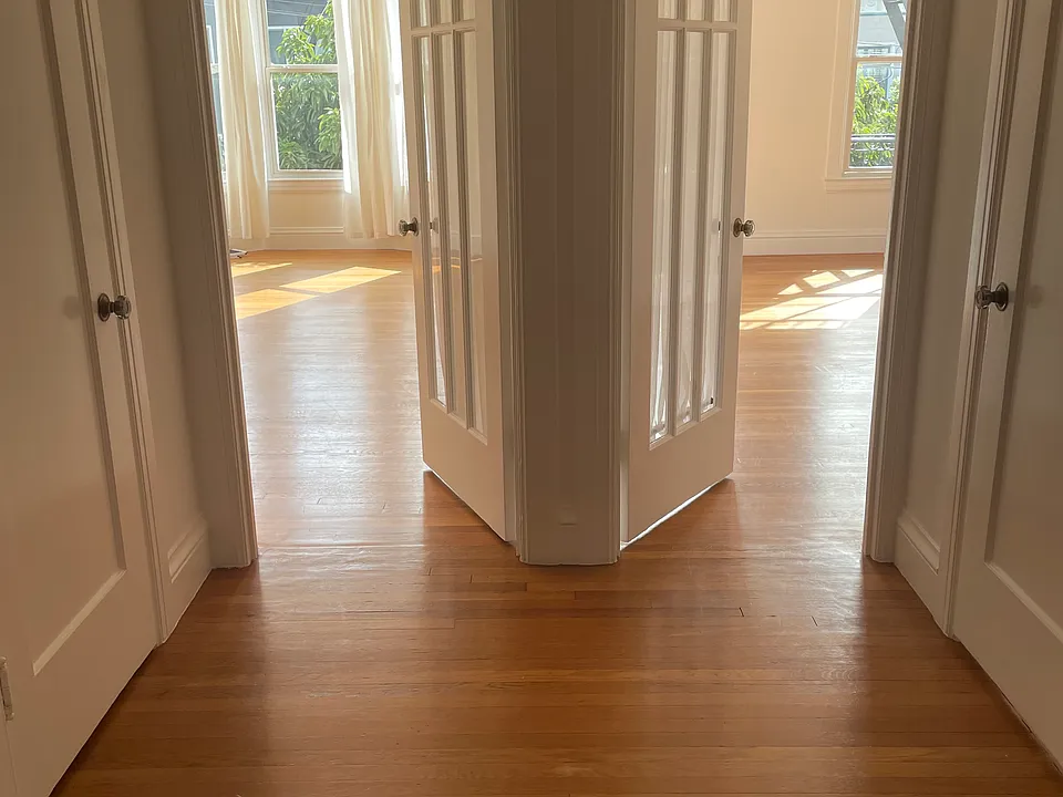 Standing at Entry way living room and bedroom to the right. Two walk-in closets see doors to closets across from each other.