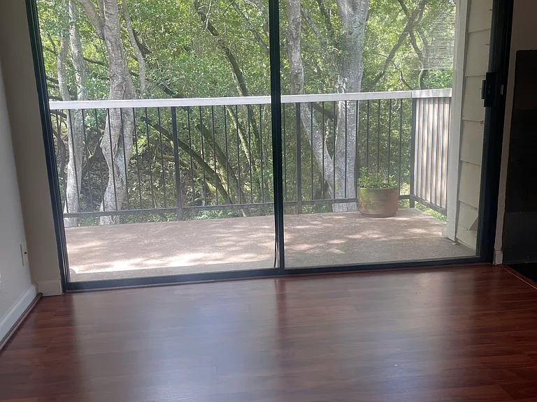 view of deck from living room. no need for curtains. so much privacy!